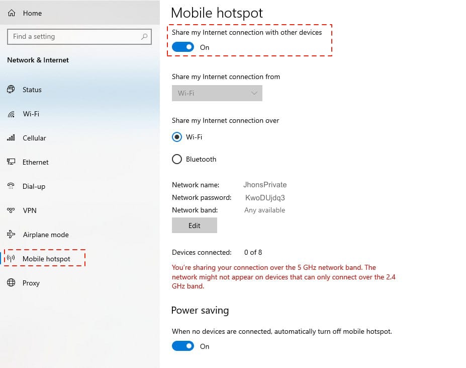 Windows WiFI Hotspot Settings