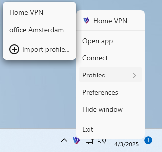 Select profile in system tray menu