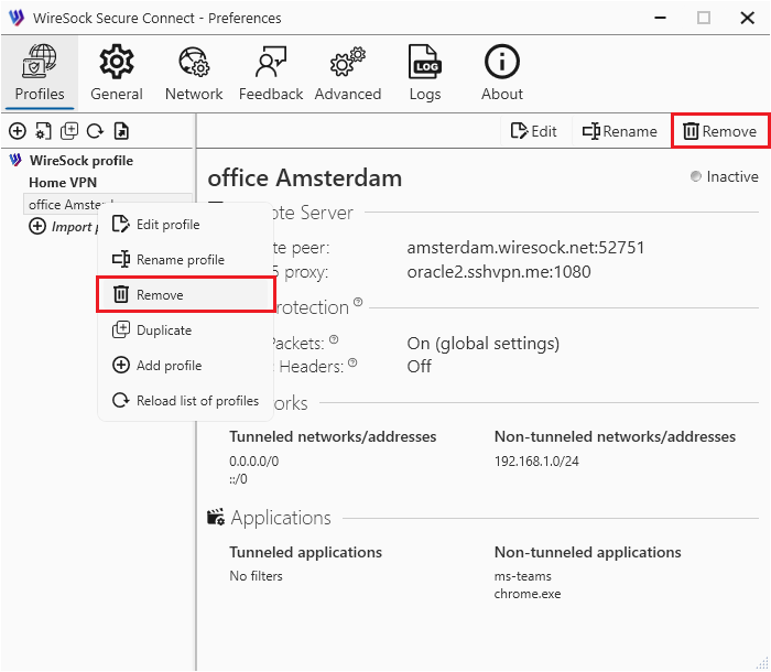 Remove profile using button or context menu