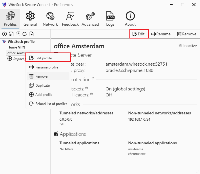 Select profile and press Edit button