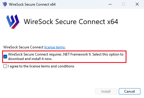 Select checkbox to install .NET 9.0
